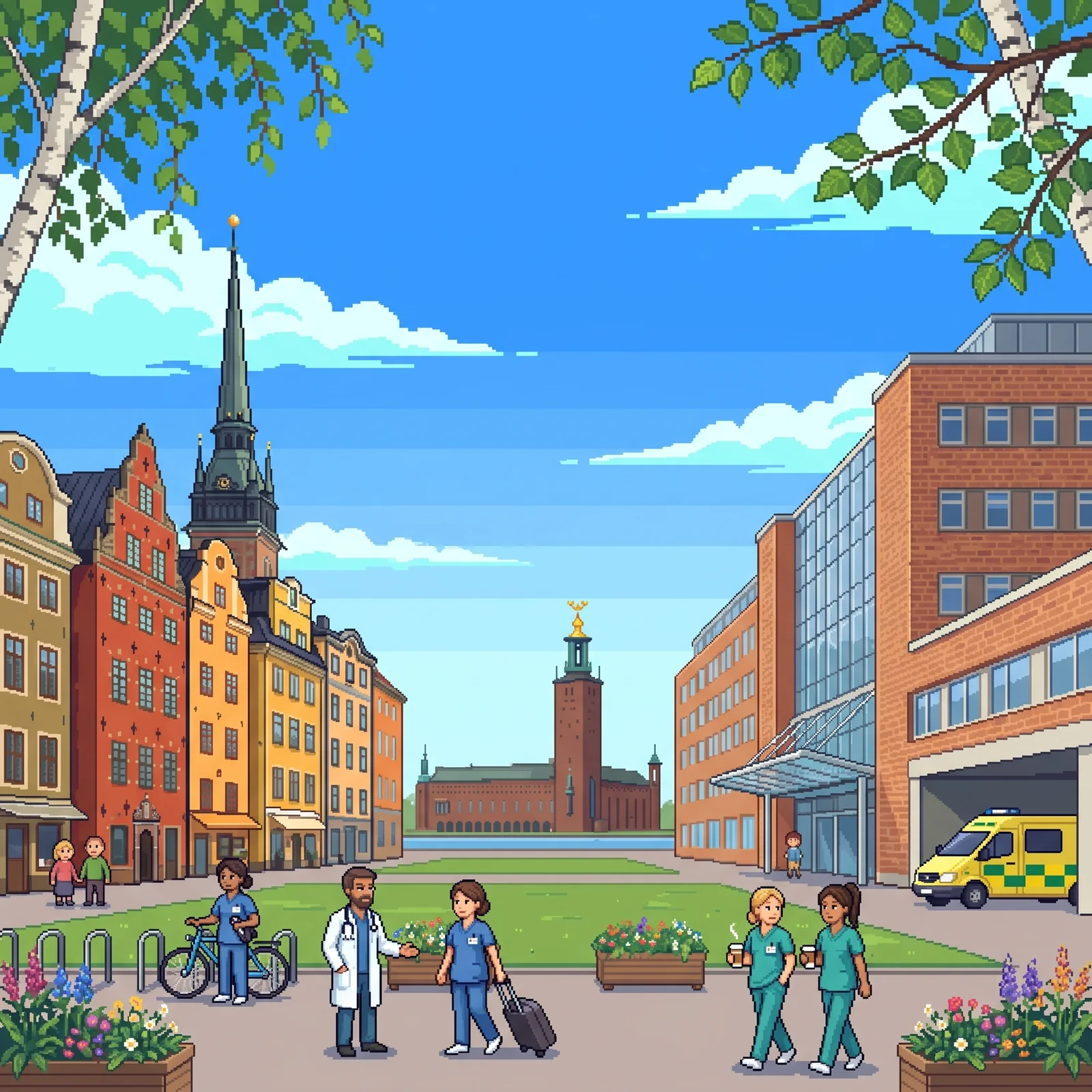 Pixelillustration av Stockholm en sommarmorgon med Gamla stans färgglada gavelhus, Stadshusets torn och ett stort universitetssjukhus där sjuksköterskor och läkare kommer till jobbet och en konsult anländer med resväska.